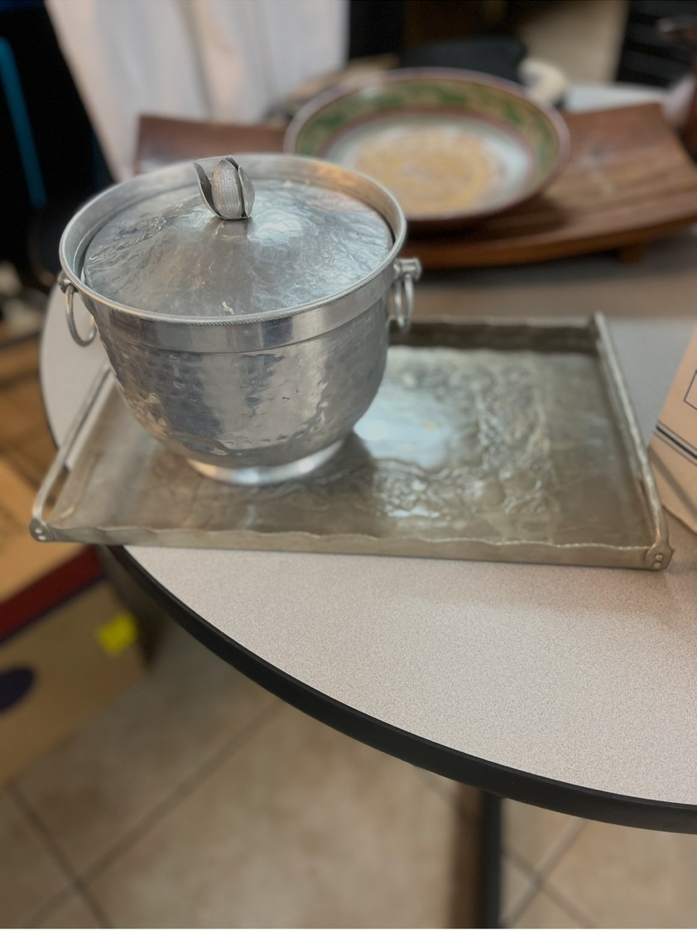 Hammered Silver-Tone Lidded Ice Bucket with Tray